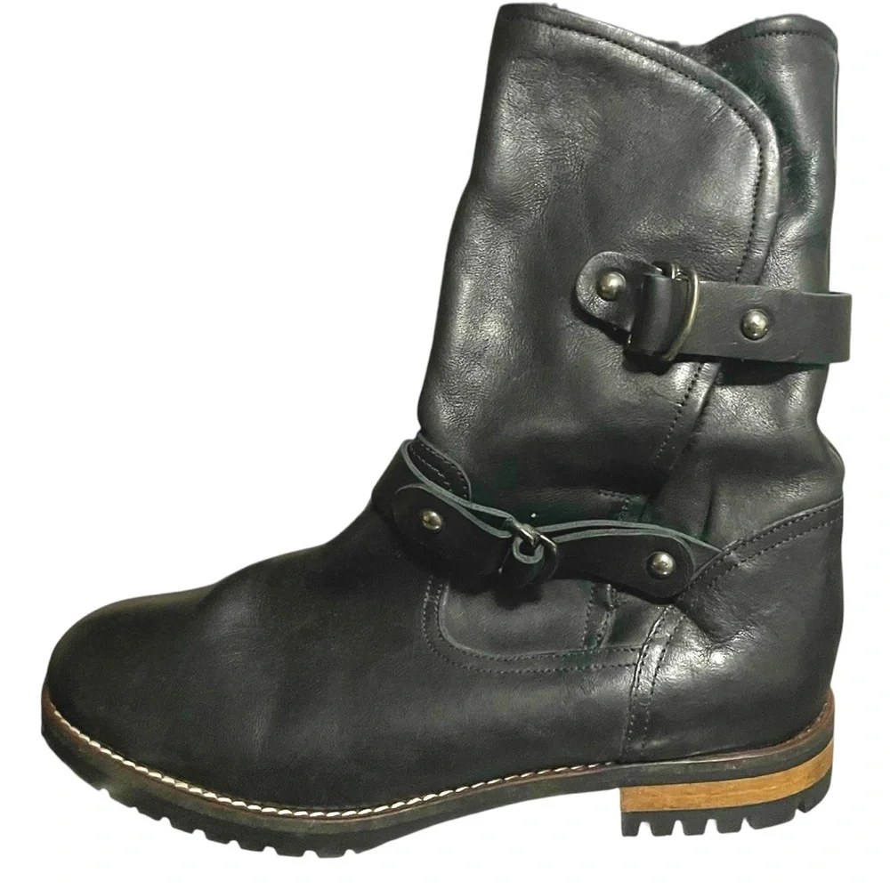New Fabianelli Ladies Italian Leather Mid Calf Boots Belt Buckles, Moto, size 10 - Picture 3 of 6